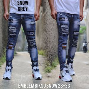 Celana Jeans Sobek Pria Emblem Stretch Melar Denim Tebal Slimfit Skinny Size 28-33