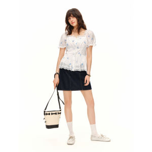 DUSHU | Custom-fit Split Design Floral Square Neck Puff Sleeve Blouse