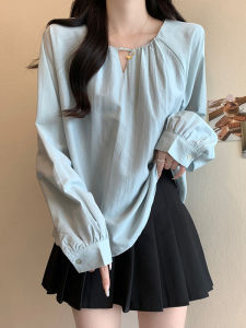 เสื้อเชิ้ตคอวีแขนยาวสไตล์เกาหลีสำหรับผู้หญิงไซส์ใหญ่ในฤดูใบไม้ร่วง เสื้อเชิ้ตทรงหลวมๆ ปกปิดหน้าท้อง เสื้อเชิ้ตทรงเข้ารูปแบบลำลอง