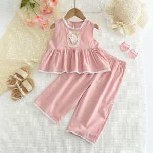 Bear Leader Cotton Sleeveless Lace Flower Girls Clothing Suit Summer Solid Color Tops + Pants Two Piece Sets Kids Clothes 3-7 Years