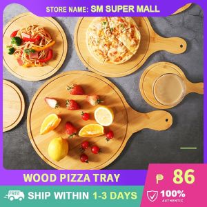 【Natural Bamboo Wood】Designed Pizza Tray Paddle Round-shaped Cutting Board Steak Cheese Bread Crackers Platter Serving Snack Food Prep with Handle