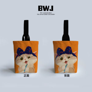 Cute Cartoon Cat Holding Fish Bucket Handbag Original Hand Drawn Walking Water Bucket Bag Canvas Storage Small Cloth Bag