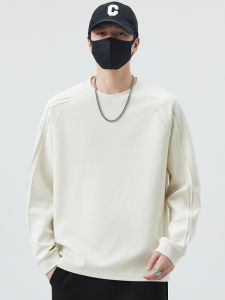 Mens Long Sleeve Fleece Lined T-Shirt Casual Loose Fit Solid Color Cotton Sweatshirt Spring Autumn Winter Versatile Streetwear