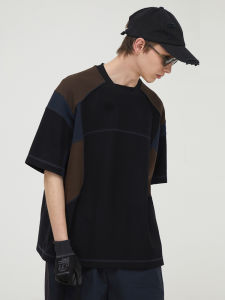 Decesolo Vintage Sport T-Shirt Loose Shoulder Short Sleeve Patchwork Color Block Mesh Summer Casual round Neck Mens Top