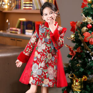 Princess Style Qipao Dress Winter Fashion Childrens New Year Clothes Long Sleeve Embroidered A-Line Skirt for Girls