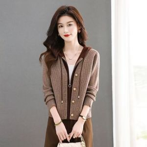 Hooded Fake Two Pieces Knitting Cardigan Womens Fall and Winter New Arrival Padded Top Short Loose Sweater Coat
