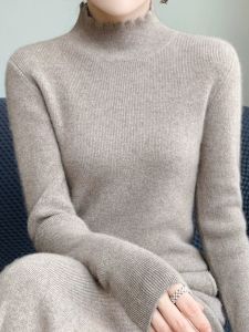 Elegant Simple Lace Collar Womens Wool Sweater Slim Fit Overhead Half High Neck Knitted Shirt Autumn Winter New Style