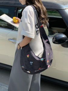 Korean Style Embroidered Denim Tote Bag Womens Shoulder Crossbody Bag Simple Canvas Bag Casual Moon Shape Single Strap