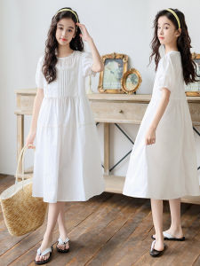 Summer White Cotton Gown for Girls with Lace Hollow out Bubble Sleeves Princess Style Fairy Tale Dress Suitable for Parties