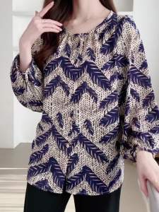 AMMIN 2025 Spring and autumn new simple round neck fashion plant flower print long sleeve chiffon shirt Korean style r lantern sleeve elegant blouse