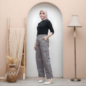 Celana Cargo Wanita Highwaist Twill Combad  Stretch