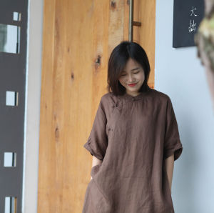 Dazhu Long-Sleeve Pure Color Cotton Linen Dress Stand Collar Chinese Style Zen Tea Clothing Vintage Retro Maxi Skirt Women