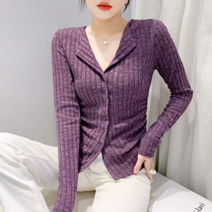 YIMEI Round neck button up long sleeved gray top 2024 autumn new item pleated striped knit sweater slim fit base shirt for women