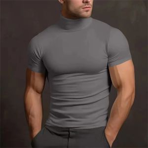 Áo Thun Nam Cổ Lọ Tay Ngắn Màu Trơn Thời Trang Mùa Hè Ôm Sát Chất Liệu Polyester