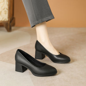 Comfortable Black Leather Work Shoes for Women with Thick Heels Suitable for Long Hours of Standing Interviews And Air Stewardess Jobs