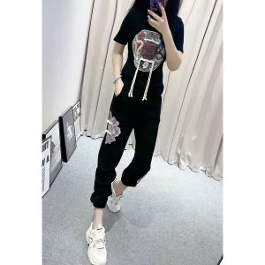 Fashionable Short Sleeve Embroidered Set Womens plus Size Slimming Top And Trousers Two-Piece Suit Summer 2025 Polyester Fiber round Neck