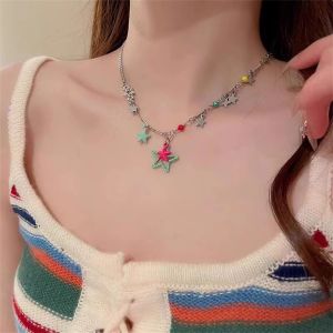 Qing Jin Zhu Colorful Candy Star Alloy Necklace for Women Punk Style Twist Chain with Artificial Gemstones and Semi-Precious Stones
