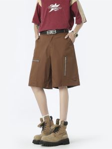 American Style Zipper Multi-Pocket Mens Workwear Shorts Loose Straight Casual Five-Quarter Pants for Teen Boys in Summer