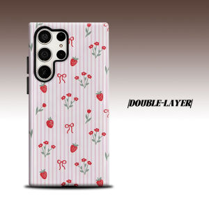 BILIBILI | Strawberry Ribbon Stripe For Samsung Galaxy S26 S25 S24 A56 A36 Dual Layer Luxury Fashion Full Lens Protective Case