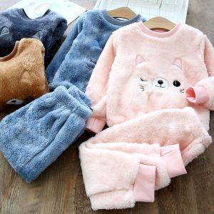 Childrens Pajamas Baby Homewear Girls Winter Clothing Heattech 2023 Winter Double-Sided Velvet Baby Boy Suit Flannel