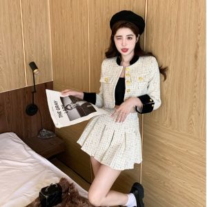 หนาขึ้น ผ้าฝ้าย ลายสก็อต เสื้อโค้ท กระโปรง ชุดสองชิ้น ฤดูใบไม้ร่วง ฤดูหนาว แฟชั่นสําหรับผู้หญิงตัวเล็กย่นครึ่งความยาว กระโปรง ชุดคลุม