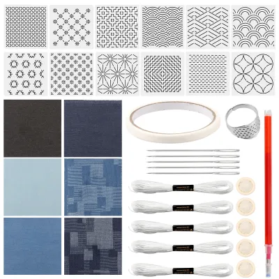 12Pcs Sashiko Stencils Kit Complete Sashiko Thread and Needles Thimble Set Denim Fabric Embroidery for Beginners Hand Quilting