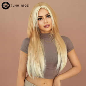 7JHH WIGS Long Straight Beige Ombre Blonde Wigs with Curtain Bangs High Density Synthetic Middle Part Hair Wigs for Women Party