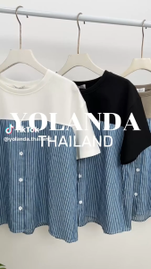 Yolanda เสื้อยืดลายทาง แต่งกระดุม คอกลม แขนสั้น Outfit ดีไซน์เก๋ ทรงสวย แมทง่าย ใส่ได้ทุกวัน สาวอวบใส่ได้ เสื้อผ้าแฟนชั่น Women Clothing 3882
