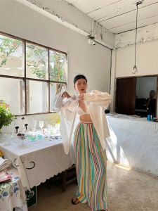 Dopamine Rainbow Striped Pants High Quality Cotton Holiday Essential Straight Leg Casual Trousers for Women Natural Waist