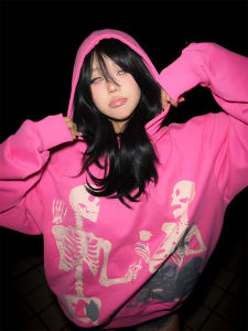 เสื้อแจ็คเก็ตฮู้ดพิมพ์ลายกระดูกสันหลังสไตล์ย้อนยุคแบบอเมริกันสำหรับผู้หญิงในฤดูใบไม้ร่วงและฤดูหนาว ทรงหลวม แขนยาว คอตตอน ปกติ