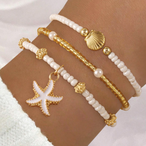 Exquisite Starfish Shell Bracelet Handmade Seed Beads Multiple Layered Bracelet Womens Summer Beach Party Vacation Jewelry