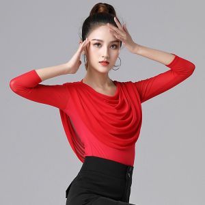 ชุดซ้อมเต้นรำสมัยใหม่สำหรับผู้หญิงชาวละตินควอเตอร์ตาข่ายช่องผ่านสีแดงเสื้อเต้นรำ