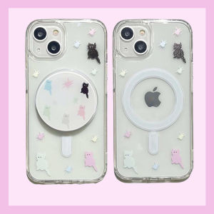 Cute Hand-Drawn Cat Cartoon Wireless Charging Protection Case for iPhone 16 pro Max Fluffy Protective Shell for Apple 16 Series