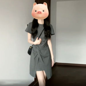 ชุดเดรสสั้นสีเทาสไตล์ฝรั่งเศส Y6Y สำหรับผู้หญิง ชุดเดรสทรงเอเข้ารูปสไตล์หวาน แขนสั้น คอตั้ง สีพื้น ฤดูร้อน 2024