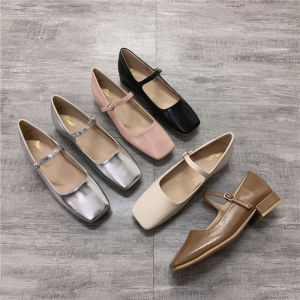 French Style Square Head Silver Mary Jane Flat Heel Shoes Low Chunky Heel Small Size Womens Shoes Fashionable All-Match