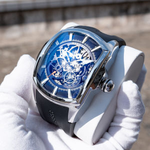 Men Automatic Mechanical Watch Fashionable Skeleton Tonneau 43mm Large Dial Luminous Stainless Steel Case 50m Water Resistant