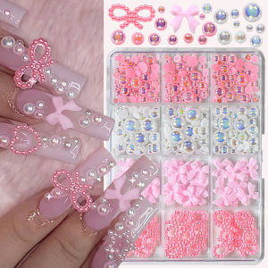 12Grids 3D Pink Bow Nail Art Decorations with AB Pearl Rhinestone Beads Nails Charms for Wedding Part&Daily DIY Manicure Parts 1