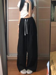 กางเกงขายาวทรงหลวมสีดำสไตล์อเมริกันสำหรับผู้หญิง กางเกงขายาวทรงตรงเอวสูงทรงหลวมสำหรับฤดูใบไม้ผลิและฤดูใบไม้ร่วง