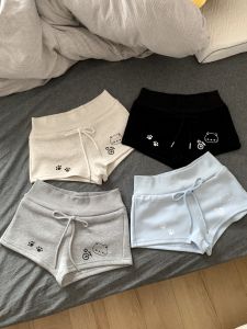 Cute Bear Print Cotton Short Pants Womens Summer Casual Versatile Loose Fit Printed Cotton Straight Leg Pants Natural Waist