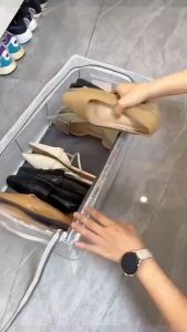 ชั้นวางรองเท้าพับได้ ปิดผนึกและกันฝุ่น โปร่งใส มองเห็นได้ กล่องเก็บรองเท้าสำหรับห้องนอน ประหยัดพื้นที่