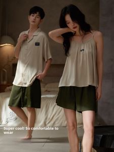 Miiow | Couples Summer Lightweight Ice Silk Sleepwear Breathable Casual Home Clothes Set Short Sleeve Short Pants For Men And Women