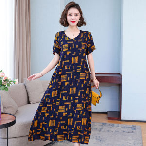 plus Size Cotton Silk Dress Floral Print Loose Fit Short Sleeve Midi Dress for Older Women Summer New Style Qian Lina Brand