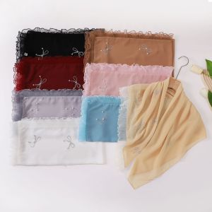 Jifang Shiny Rhinestones Pearls Bow Knot Accordion Pipe Organ Lace Brim Plain Bubble Chiffon Square Scarf Pashmina Muslim Hijabs Bawal 90x90cm WC66