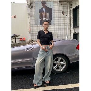 ROOZ American Street Style Loose Fit Women's Jeans: Vintage Wash & Light Color Floor-Length Wide Leg Pants