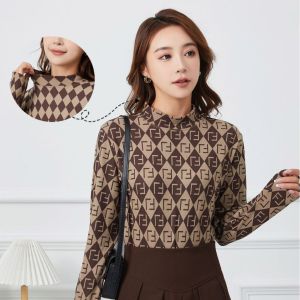 Slim Fit Long Sleeve Printed T-Shirt Womens Autumn Winter New Style High Collar Base Shirt Comfortable Breathable Artificial Fiber