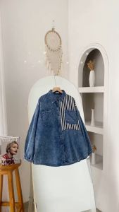 LIORA SHIRT - FLOTTILICIOUS / Atasan Kemeja Jeans Wanita Jumbo Outfi Korean Style Stiripe Garis Pocket