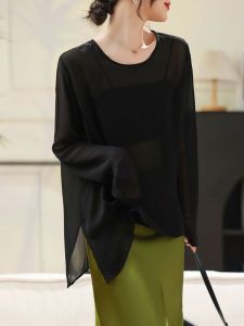 เสื้อยืดแขนยาวผ้าไหมน้ำแข็งสีดำสไตล์จีนใหม่สำหรับผู้หญิงในช่วงฤดูร้อน เสื้อเชิ้ตทรงหลวมๆ สบายๆ สไตล์เรียบง่าย