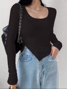 BLOUSE LONGSLEEVE FE.48 LENGAN PANJANG TIDAK CROP MODEL SLIT PINGGIR FASHION KOREA KERAH U (FE.48) SPANDEK BAJU TSHIRT WANITA