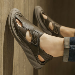 Mens Summer Outdoor Casual Anti-slip Waterproof Driving Sandals Roman Beach Shoes Korean Style Ultrafine Leather Sandals