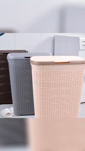 [🆓เปลี่ยนใหม่ฟรีหากชำรุด]ตะกร้าใส่ผ้า พร้อมฝาปิด ตะกร้าผ้าพลาสติก ตะกร้าอเนกประสงค์ รูปแบบการทอผ้า ระบายอากาศได้ ตะกร้าผ้า